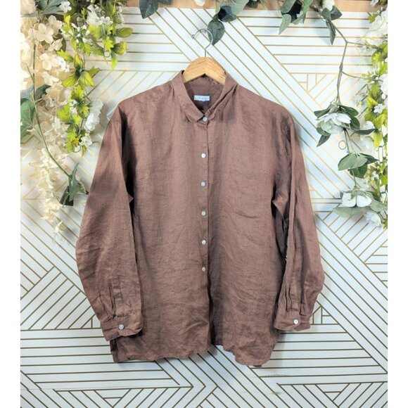 J. Jill Women’s Love Linen Blouse 100% Linen Brown RUST Shirt Button Down Sz 1X - Picture 1 of 8